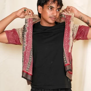 buy beige bandhani print upcycled shirt