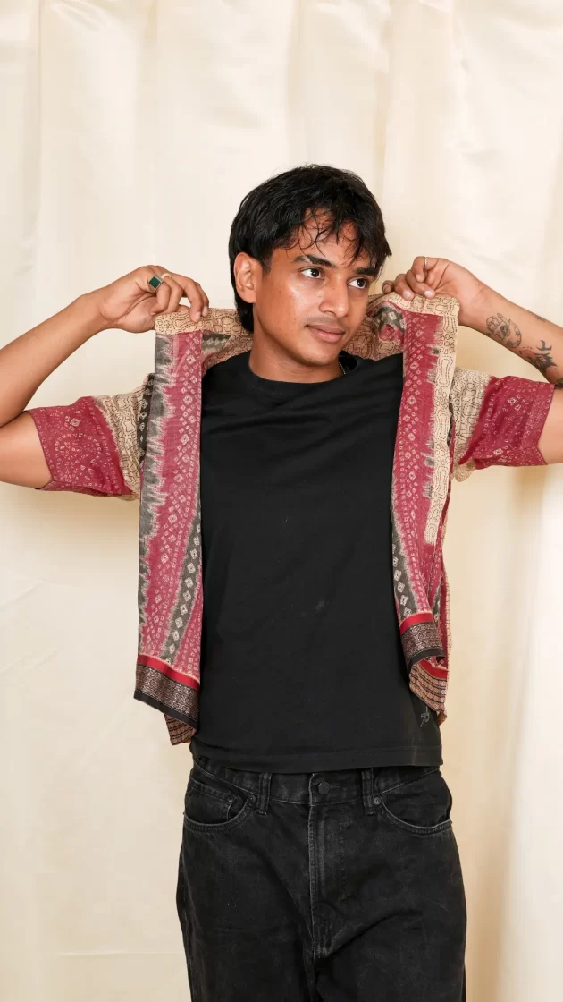 buy beige bandhani print upcycled shirt