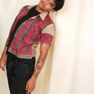 buy beige bandhani print upcycled shirt
