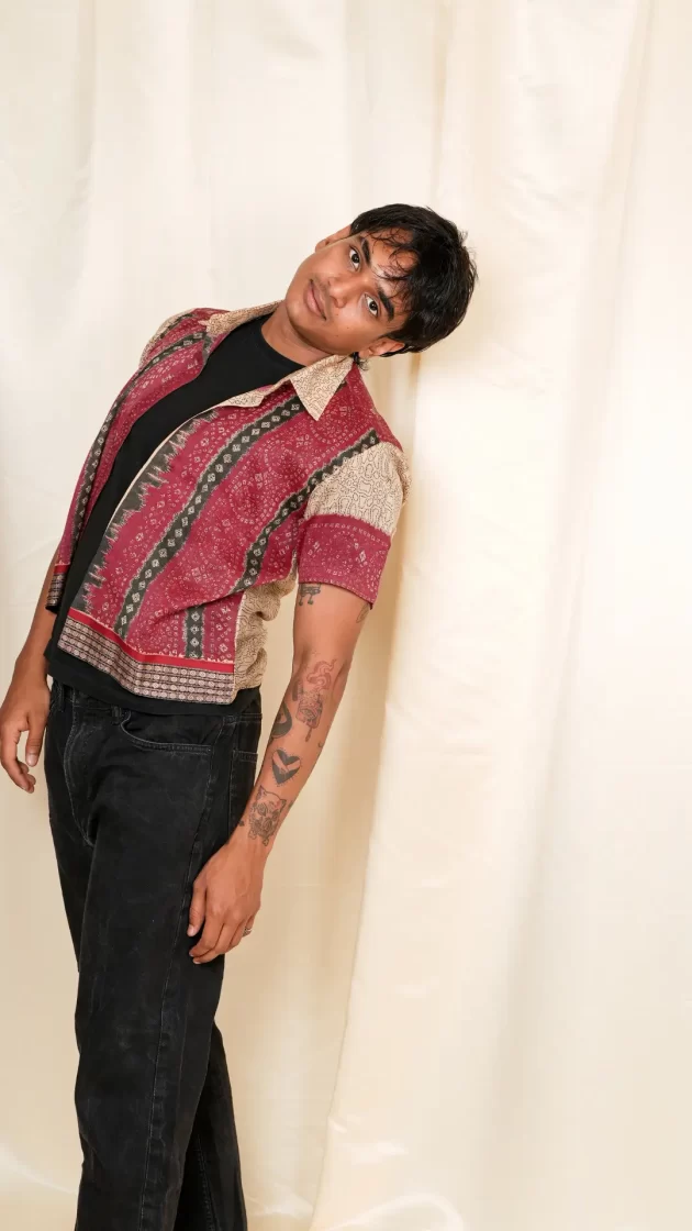 buy beige bandhani print upcycled shirt