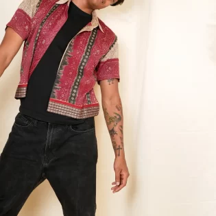 buy beige bandhani print upcycled shirt