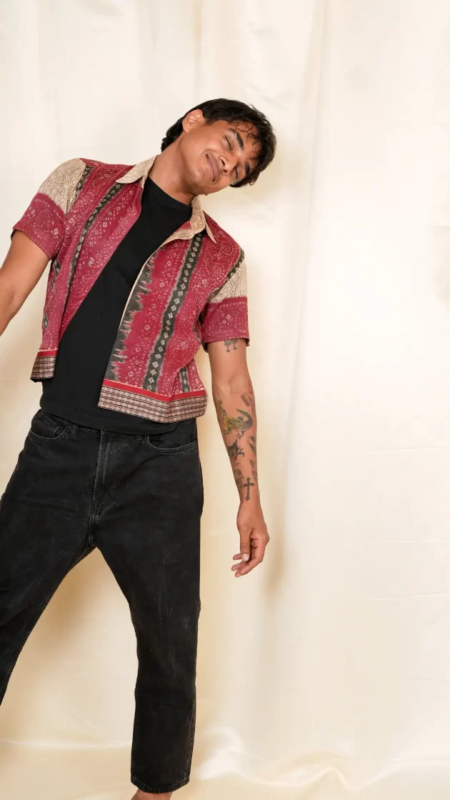 buy beige bandhani print upcycled shirt