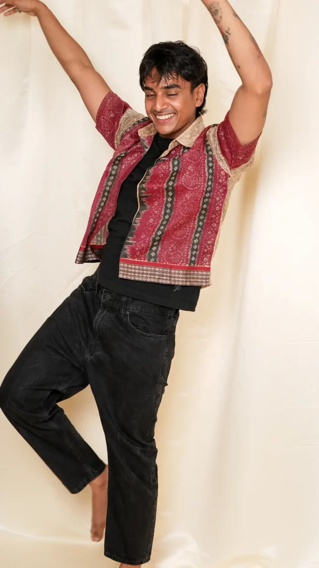 buy beige bandhani print upcycled shirt