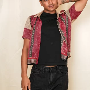 buy beige bandhani print upcycled shirt