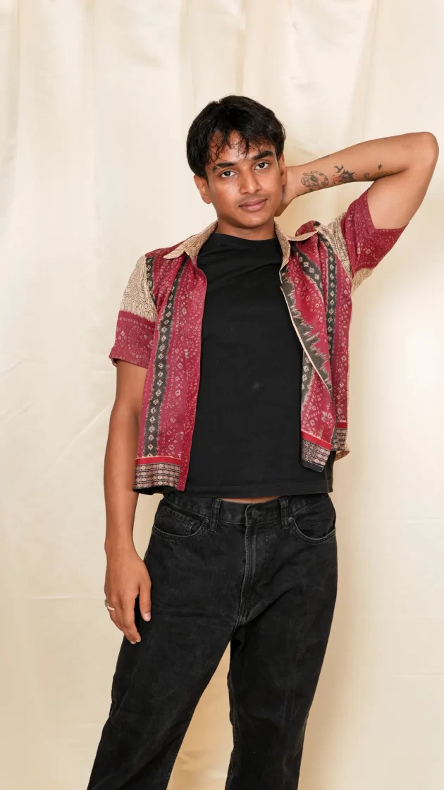buy beige bandhani print upcycled shirt