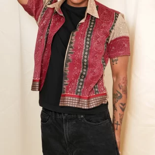 buy beige bandhani print upcycled shirt